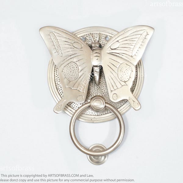 6.37" inches VINTAGE BUTTERFLY Door Knocker Detailed Solid Brass Silver Doff Finishing