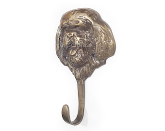 5.62" inches Vintage Brass Shih Tzu Puppy Dog Face Animal Wall hook Solid Brass Strong Wall Coat Hat Hook Hanger