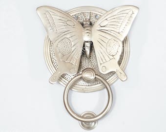 6.37&quot; inches VINTAGE BUTTERFLY Door Knocker Detailed Solid Brass Silver Doff Finishing