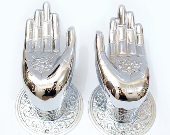 RARE 7.28" Pair CHROME BIG Vintage Buddha Bodhisattva Loving Compassionate Brass Main Door handle Antique Front Gate Door Handle