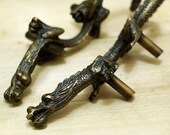 Rare 6.02 quot Pair Set Left and Right ANTIQUE Vtg CHINESE DRAGON Cabinet Brass Knob Drawer Handle Pull