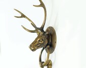 11.00 quot inches Vintage Antique Deer Reindeer Moose Elk Antler Animal Head Door Knocker Cast Solid Brass P162