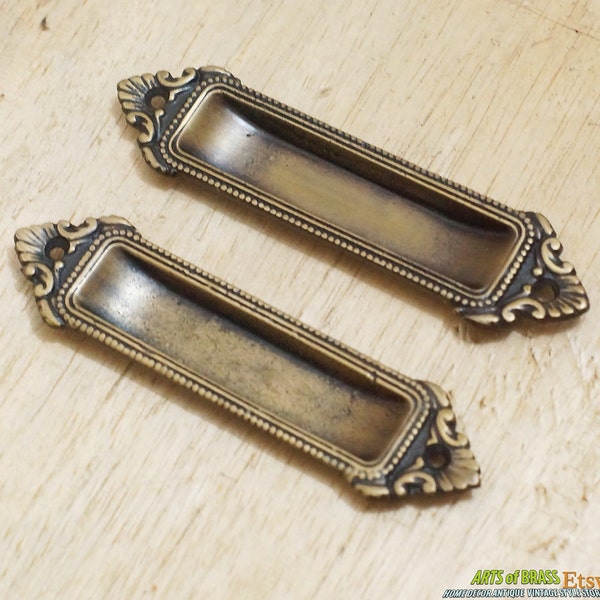 4.76" Lot of 2 pcs Vintage Solid Brass Victorian FLUSH Pull Antique Sliding Door Cabinet Brass Knob Drawer Handle J009