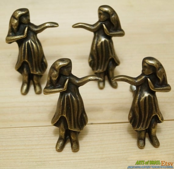 Lot of 4 pcs HAWAIIAN Hula Hula GIRL Antique Vintage Solid Brass Cabinet Drawer Pull