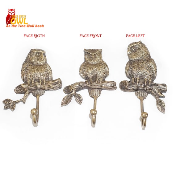 Vintage Solid Brass Owl on the branch Wall hook | with Face left ,Front and Face right Strong Owl Wall Mount Coat Hat Hooks Decor