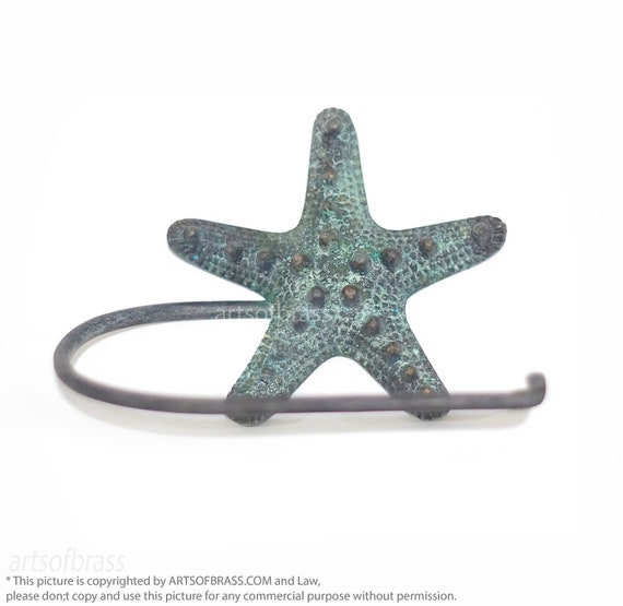 5.90" Vintage Solid Brass Starfish Beach Decor Toilet Paper Holder / Hand Towel / Antique Bathroom Accessories - Green Black Color