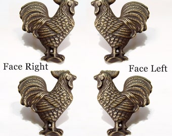 2 pairs / 4 PCS Vintage ROOSTER Antique Cabinet Door Brass KNOB Drawer Pull
