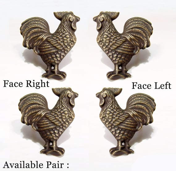 2 pairs / 4 PCS Vintage ROOSTER Antique Cabinet Door Brass KNOB Drawer Pull