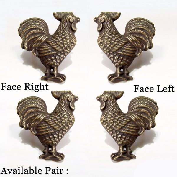 2 pairs / 4 PCS Vintage ROOSTER Antique Cabinet Door Brass KNOB Drawer Pull