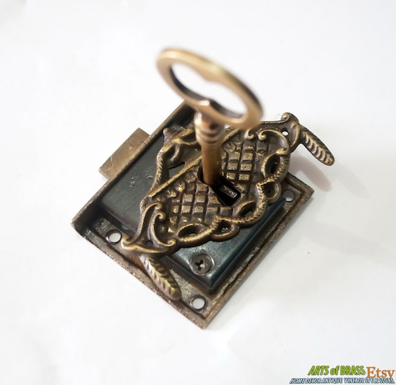 Set Antique Victorian CURTAIN Key Hole with Vintage Cabinet SKELETON KEY Lock