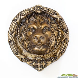 7.50&quot;&quot; inches Vintage Solid Brass Large LION King Head Front Door KNOCKER with Flower Crown Front Door Knocker P158