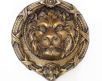 7.50"" inches Vintage Solid Brass Large LION King Head Front Door KNOCKER with Flower Crown Front Door Knocker P158