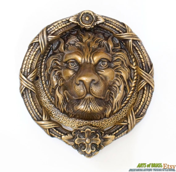 7.50"" inches Vintage Solid Brass Large LION King Head Front Door KNOCKER with Flower Crown Front Door Knocker P158