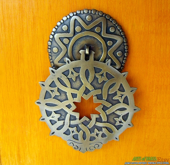 BIG KNOB PULL Vintage Celestial Sun Antique Cabinet Brass Knob Drawer Round Pull