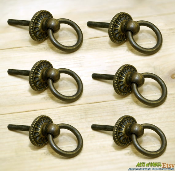 Lot of 6 pcs Vintage Round Ring Solid Brass Antique Cabinet Drawer KNOB Pulls P107
