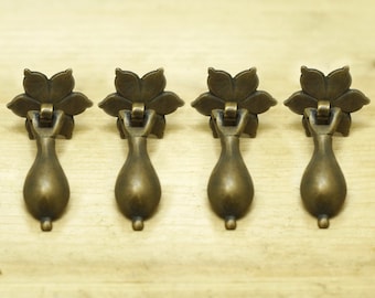 Lot of 4 pcs Vintage Flower Cudgel Tear drop Solid Brass Antique Cabinet Drawer Handle KNOB Pulls