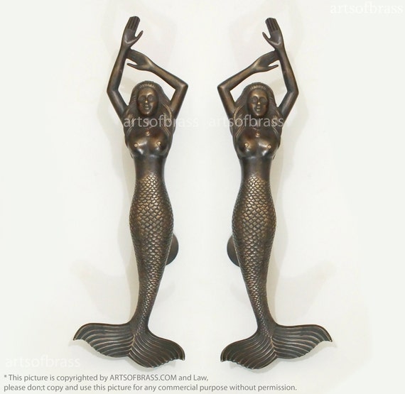 RARE 15.35" inches Medium Set Vintage Half Naked Mermaid Fantasy Island Tale Solid Brass Main Door Entry Door Handle YSW