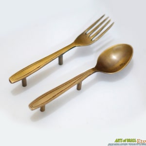 5.00&quot; inches Pair Vintage FLATWARE SPOON & FORK Kitchen Solid Brass Cabinet Handle Knob Drawer Pull