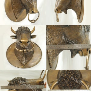 May include: A bronze bull's head door knocker with a ring handle. The bull's head is mounted on a round brass plate.