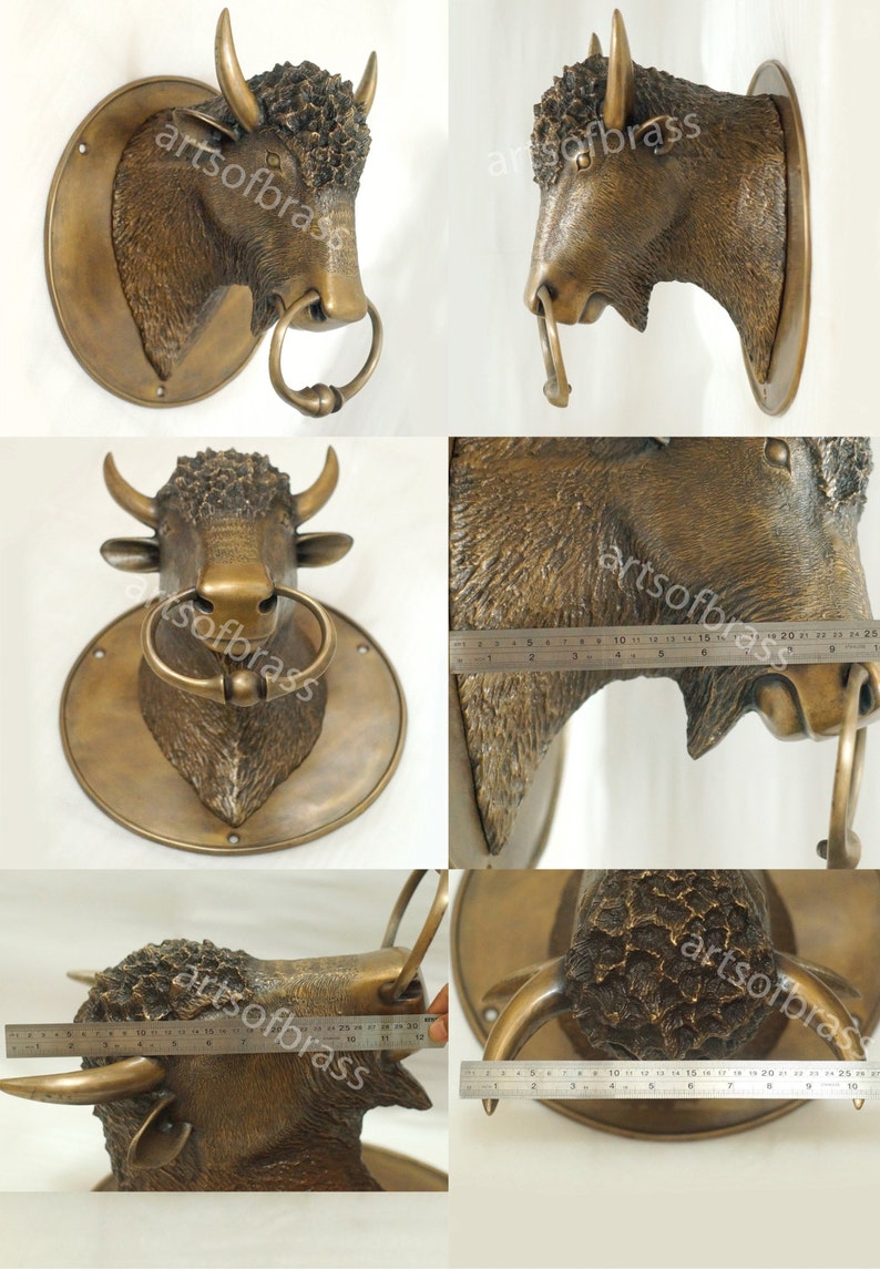 May include: A bronze bull's head door knocker with a ring handle. The bull's head is mounted on a round brass plate.