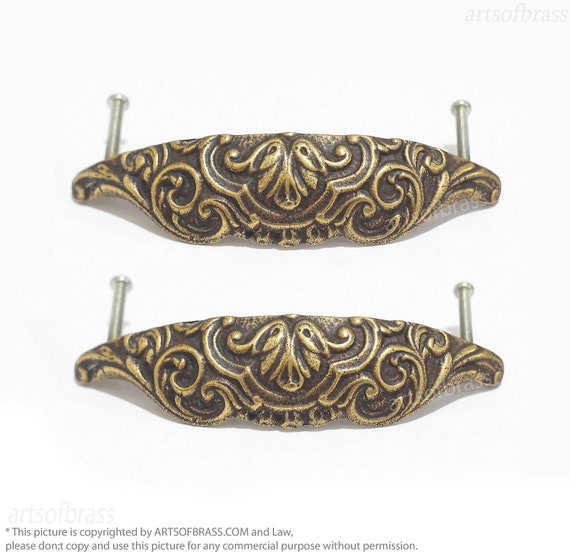 Lot of 2 4.72" in Vintage Brass Retro Ornate Shell Bin Pulls, Drawer handles, Kitchen knobs & Cup Pulls handles, Desk Drawer Pulls handle