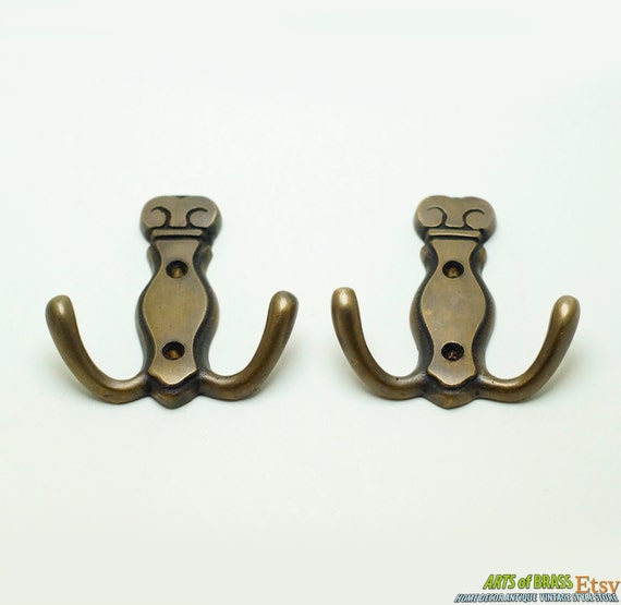 3.07" inches of 2 pcs Vintage Solid Brass Art Deco Twin HOOK Hanger Wall Mount Strong Hook Antique Solid Brass Wall Coat Hat Hook U030