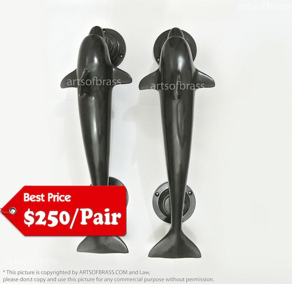 15.15" inches Set Pair / 2 pcs Vintage Big DOLPHIN Solid Brass Entry Door / Front Door Handle Pulls Hardware AC106B