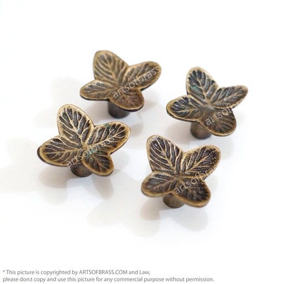 Lot of 4 pcs Vintage Retro Brass Little Flower Leaf Antique Dresser Knobs Drawer Knob Pulls Handles Door KNOB Pulls