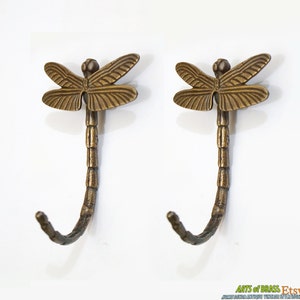 4.13" inches Lot of 2 pcs Vintage Retro DRAGONFLY Animal Antique Solid Brass Wall Coat Hat Hook U112
