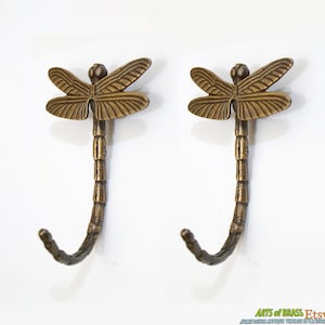 4.13" inches Lot of 2 pcs Vintage Retro DRAGONFLY Animal Antique Solid Brass Wall Coat Hat Hook U112