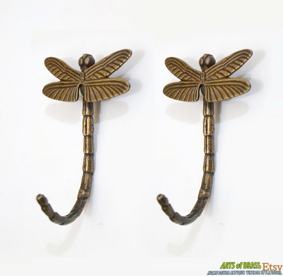 4.13" inches Lot of 2 pcs Vintage Retro DRAGONFLY Animal Antique Solid Brass Wall Coat Hat Hook U112