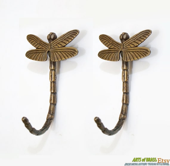 4.13" inches Lot of 2 pcs Vintage Retro DRAGONFLY Animal Antique Solid Brass Wall Coat Hat Hook U112