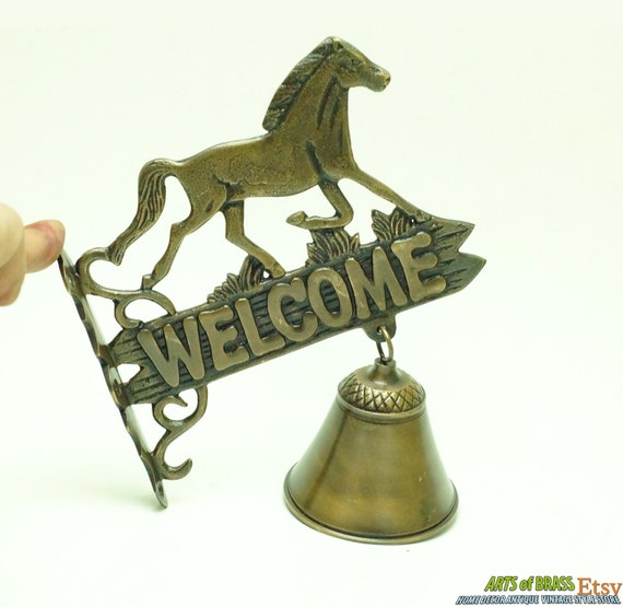 8.46" inches Country Horse Welcome Barn House Solid Brass Gate Front Door Antique Ringing Bell knock Door