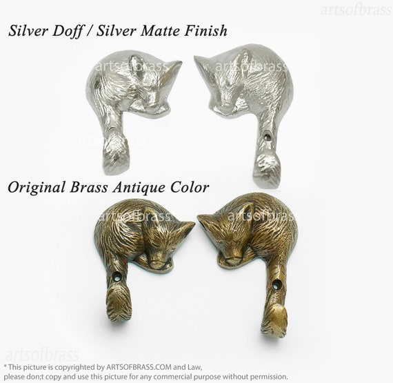 Lot of 2 Pcs / Pair Solid Brass Vintage Sleeping Fox Forestry Wall Hooks  Silver Chrome and Antique Brass Strong Wall Mount Coat Hat Hook 