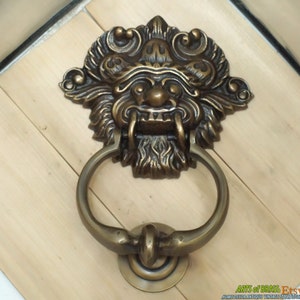 Ancient VINTAGE Balinese BARONG Creature ANTIQUE Solid Brass Detailed Door Knocker with Pull Knocker