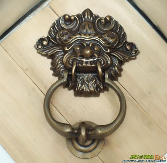 Ancient VINTAGE Balinese BARONG Creature ANTIQUE Solid Brass Detailed Door Knocker with Pull Knocker