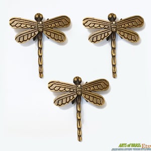 2.95&quot; inches Lot of 3 pcs Vintage Retro DRAGONFLY Animal Knobs Solid Brass Antique Cabinet Drawer Handle Pull Knobs JBL2502