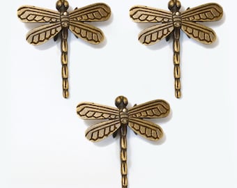 2.95" inches Lot of 3 pcs Vintage Retro DRAGONFLY Animal Knobs Solid Brass Antique Cabinet Drawer Handle Pull Knobs JBL2502