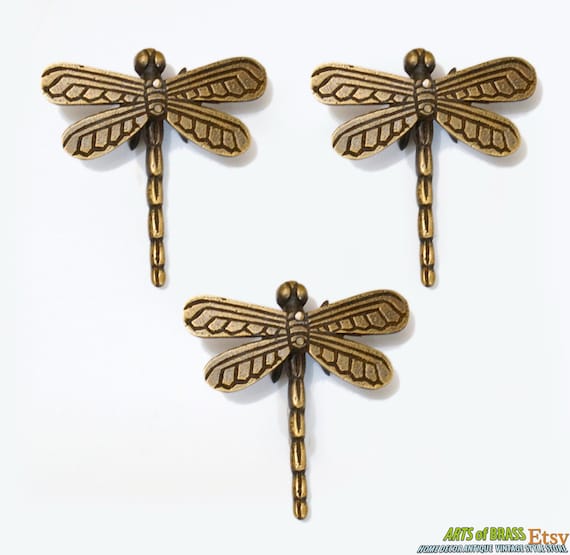 2.95" inches Lot of 3 pcs Vintage Retro DRAGONFLY Animal Knobs Solid Brass Antique Cabinet Drawer Handle Pull Knobs JBL2502