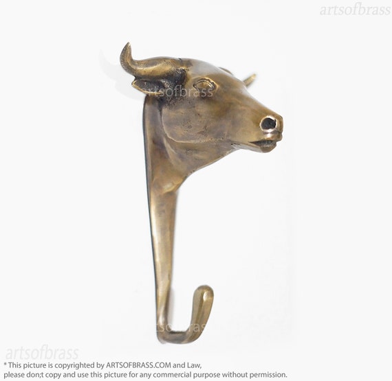 5.90 Inches Vintage Brass Buffalo Bull Cow Wall Hook Animal