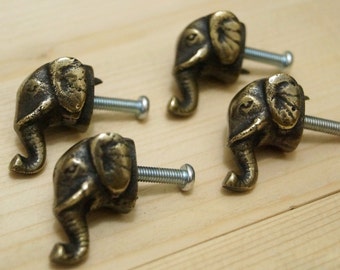 Lot of 4 pcs Vintage BRASS KNOB ELEPHANT Animal Round Antique Pull Cabinet Knobs