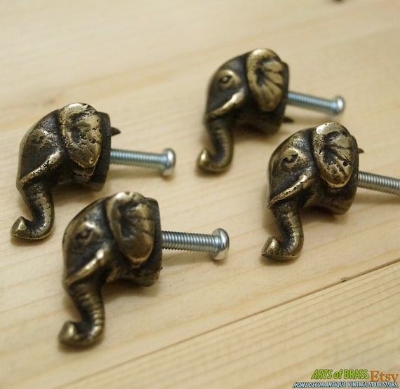Lot of 4 pcs Vintage BRASS KNOB ELEPHANT Animal Round Antique Pull Cabinet Knobs