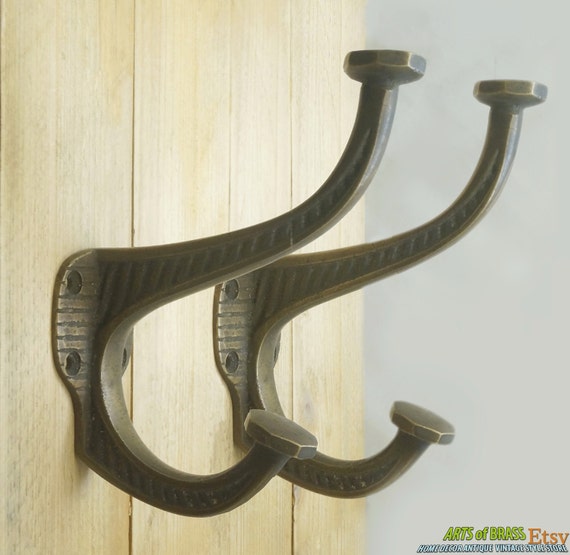 5.11" inches 2 pcs Vintage Art Deco Heavy strong Mount Hook Antique Solid Brass Wall Coat Hat Hook U076