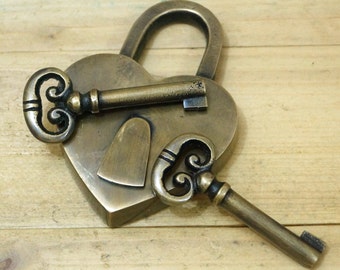 Set Vintage Love Heart Forever PADLOCK with SKELETON Keys Solid Brass Antique Love Lock