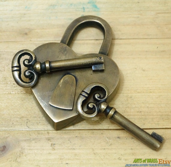Set Vintage Love Heart Forever PADLOCK with SKELETON Keys Solid Brass Antique Love Lock