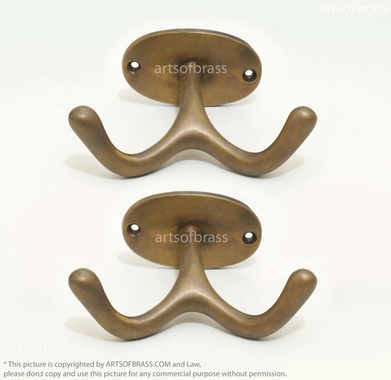 3.93" 2 pcs Vintage Solid Brass Horizontal Double Wide HOOK Hanger Wall Mount Strong Hook Brass Wall Coat Hat Hooks U121