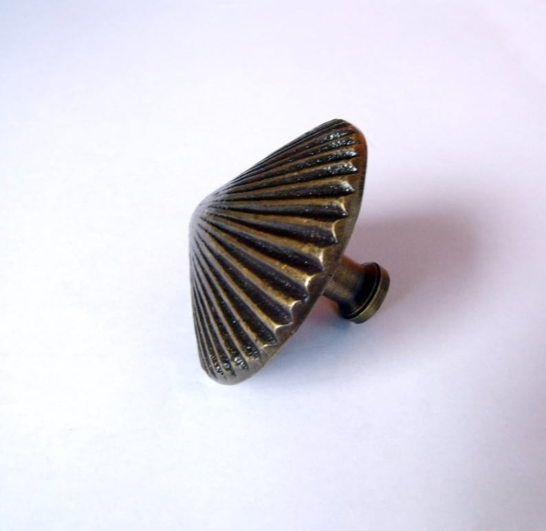 May include: A brass cabinet knob with a fluted, fan-shaped design. The knob has a round base and a short stem.