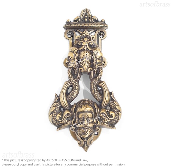 RARE Solid Brass Door Knocker POSEIDON Head Surrounded By Grotesque Dolphins Vintage Front Door Knocker Door Decor