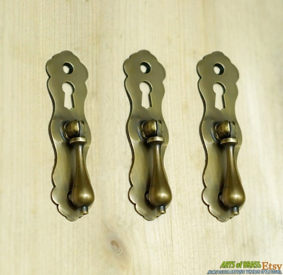 3.66" inches Lot of 3 pcs Vintage Tear Drop Cudgel Pulls with Key Hole Solid Brass Cabinet Drawer Handle Pulls E.027