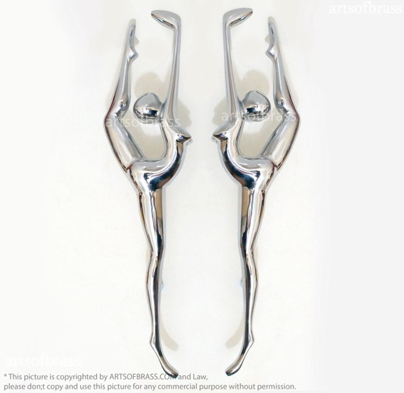 RARE 13.77" inches Pair Chrome Finishing Ballerina Ballet Dancer Door handle Vintage Solid Brass Screen Door handle